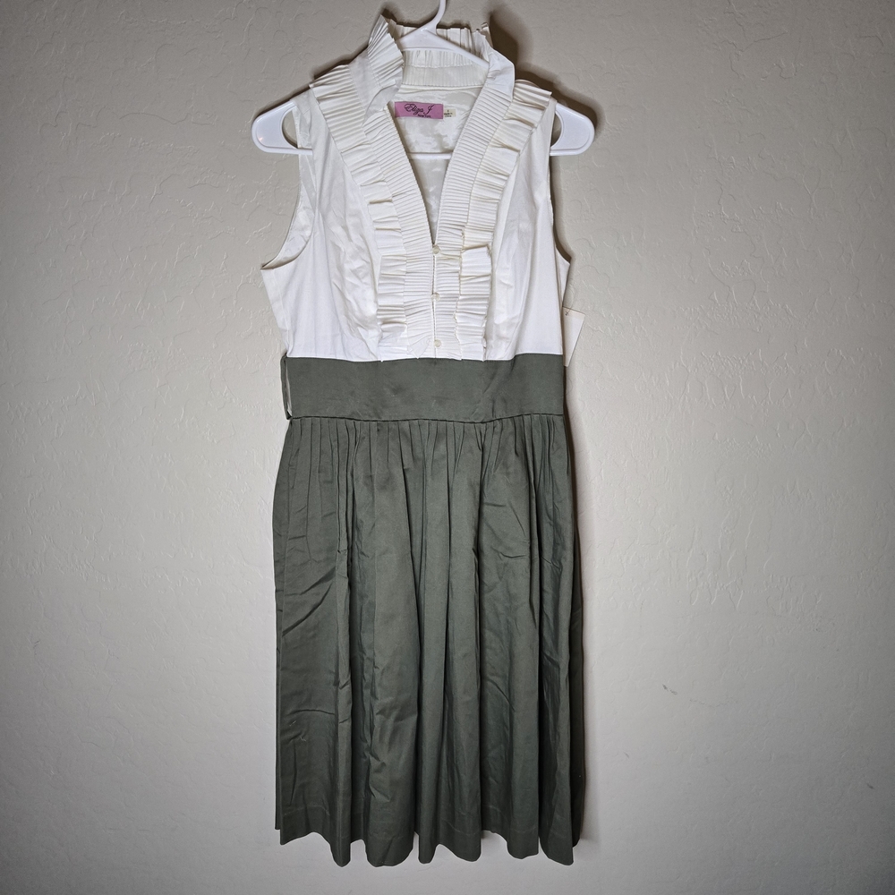 Eliza J Olive Green Ivory Colorblock Pleated Bodice Midi Dress Sz 8